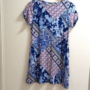 Chicos Size 8-10P U.S SZ..Blue and Purple multi Print Dress . Great Condition.